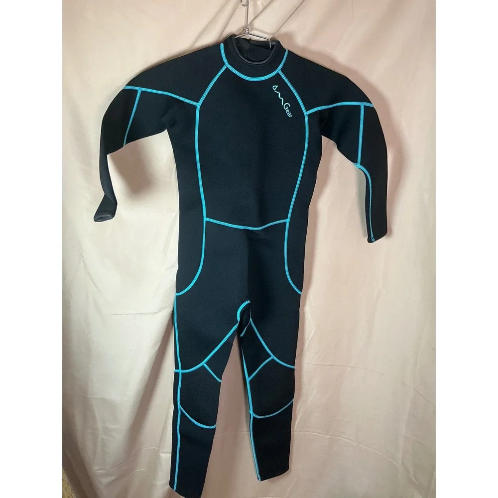 OMGear Wetsuit Kids Size 14 Black Aqua Excellent 3mm Neoprene Full Body Suit